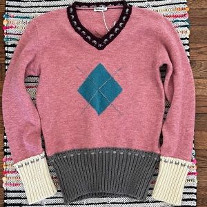 y2k Sweater M Pink Blue Argyle Pastel Preppy Quirky Academia Twee